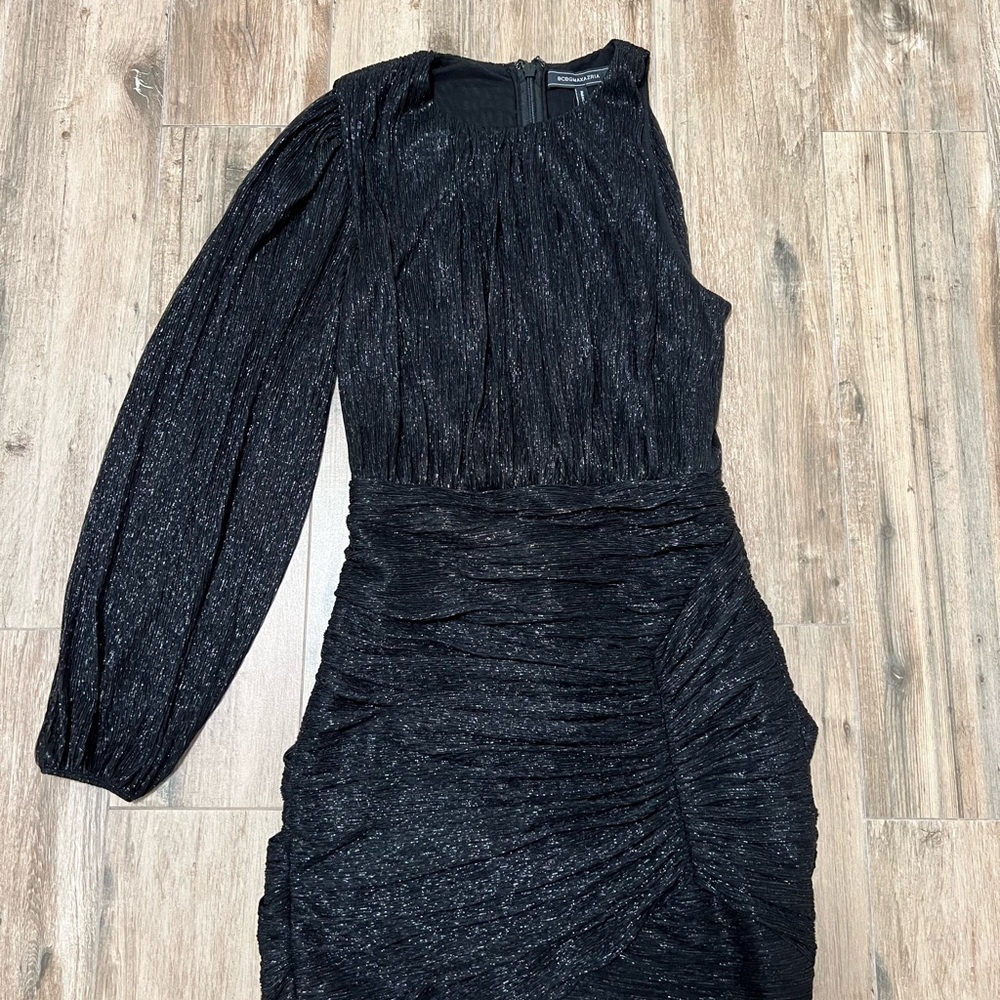 BCBGMaxazria Elegant Black Silver Sz Small Sparkly Rouched One Sleeve Mini Dress